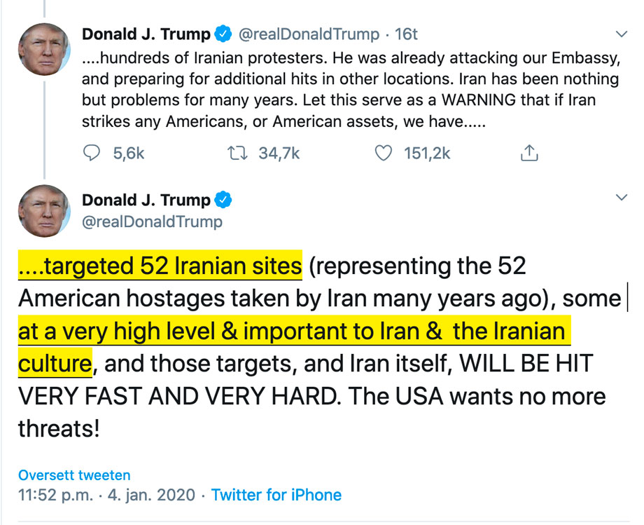 Donald Trump truer Iran på twitter 4. januar 2020.
