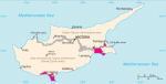 Kypros har vært delt i to siden 1974. Britiske baser i rødt.