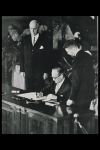 Foreign Secretary Halvard Lange signs the NATO treaty in 1949.