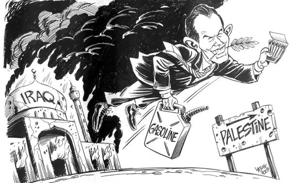 Fredsengel og pyroman. Tegning: Carlos Latuff (CC)
