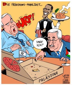 Fredsmiddag mellom Netanyahu, Obama og Abbas. (CC) Carlos Latuff.